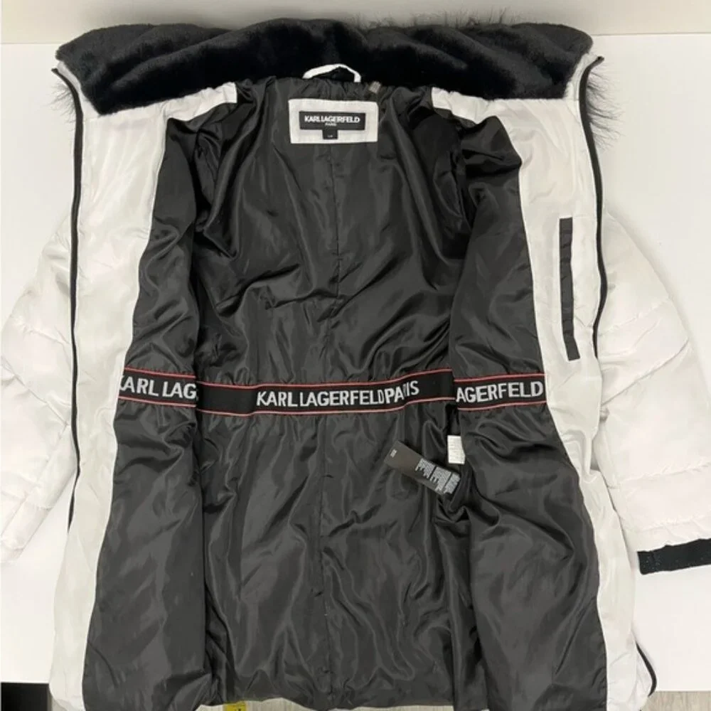 Karl Lagerfeld Paris White Long Faux Fur Puffer Coat - Size Large - Picture 7 of 16